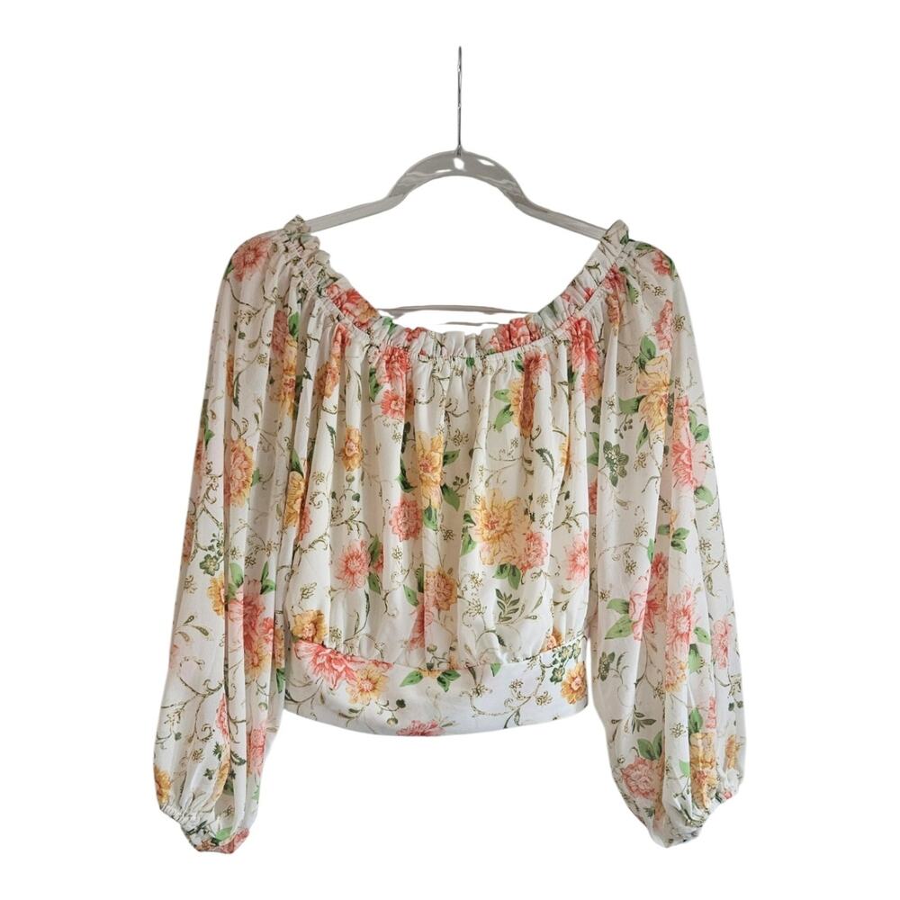 Flying Tomato Womens M Blouse Off-Shoulder Top L/S Sheer Sleevs Floral Cropped